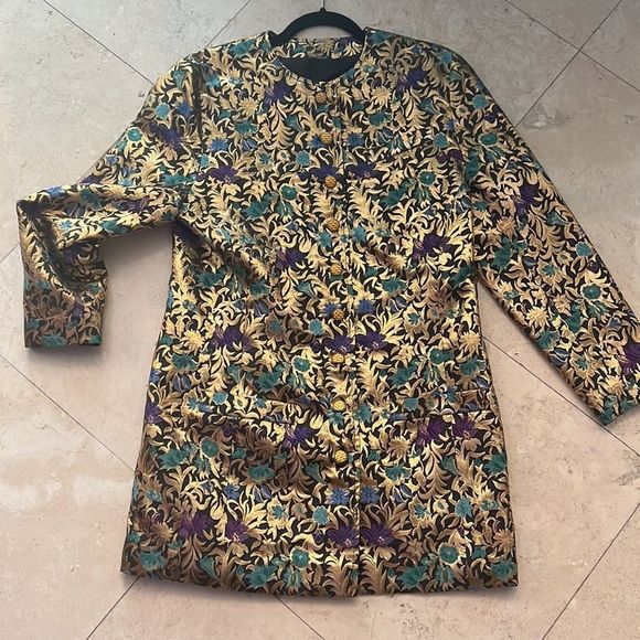 VTG Vintage Tapestry Foil HOLIDAY Button Long Sleeve Jacket Blazer Versace Vibe - Picture 2 of 12